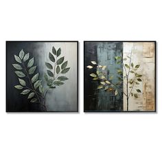 two paintings with green leaves on them