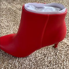 Beautiful Red High Heeled Boots! Size 6. New In Box! Red Synthetic Ankle Boots, Red High Heel Boots, Black Heeled Ankle Boots, Brown Heeled Boots, Taupe Heels, High Heeled Boots, Red High Heels, Leather Heeled Boots, Faux Leather Boots