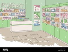 an illustration of a pharmacy store with shelves full of products