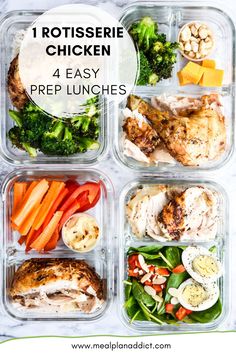 four plastic containers filled with different types of food including chicken, broccoli and carrots