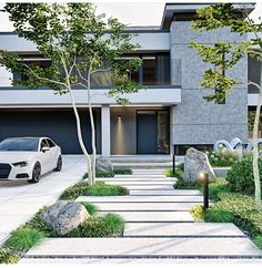 a car is parked in front of a modern house