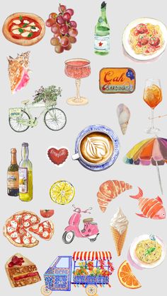 an assortment of food and drinks are depicted in this illustration, including oranges, lemons, watermelon, wine, ice cream, pizza, hot dog