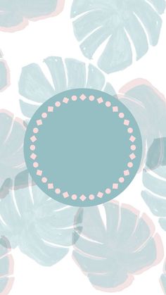 a blue circle surrounded by green leaves on a white background with pink dots in the center