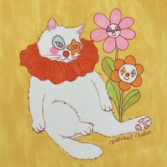 a painting of a white cat sitting next to a flower