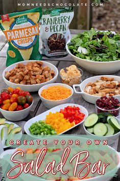 the ingredients for salad bar laid out on a picnic table with text overlay that reads create your own salad bar