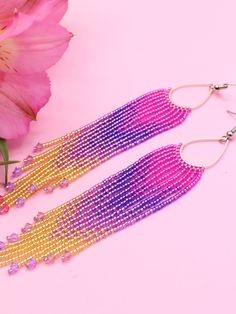 Fuchsia - Lilac - Yellow beaded fringe earrings are made of high-quality TOHO beads (extra small size) on a thread - they are ULTRA LIGHTWEIGHT! Sparkle earrings are hypoallergenic, there are metal accessories. Modern lightweight earrings can be casual or evening wear and it would look great for any occasion. They will definitely enhance your best features and add personality to your outfit All my items are made with love, I use the best material I could find. * EARRINGS SIZE WITH HOOK: Length - Fringe Hoop Earrings, Lilac Earrings, Seed Bead Jewelry Patterns, Beadwork Earrings, Beaded Fringe Earrings, Toho Beads, Earrings Beaded, Sparkle Earrings, Metal Accessories