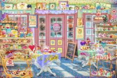 a painting of a tea shop with many items on the table and in front of it