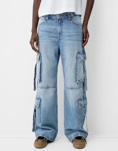 Multi-pocket cargo jeans - Pants - BSK Teen | Bershka Bershka Jeans, Light Flare, Jean Flare, Jeans Light, Relaxed Fit Jeans, Light Blue Denim, Flared Jeans