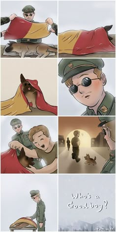 some cartoon pictures with people and animals in the same area, one man is holding another person's head