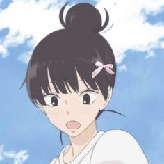 an anime character with black hair and a pink bow on her head looking at the camera