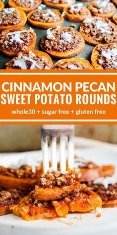 the cover of cinnamon pecan sweet potato rounds on a plate with a fork in it