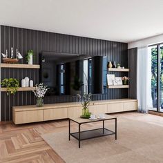 a living room filled with furniture and large windows