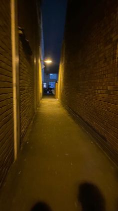 two people are walking down an alley way at night with their shadows on the wall