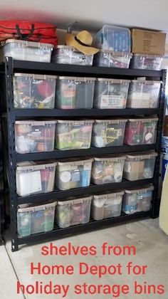 the shelves are filled with many different types of plastic containers and bins for storage