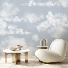 two chairs and a table in front of a cloudy sky wallpapered with clouds