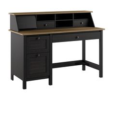 an office desk with drawers and shelves on top