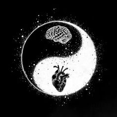 a drawing of a heart in the middle of a yin - yang symbol with a brain on it