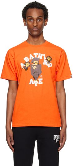 Cotton jersey T-shirt. · Rib knit crewneck · Logo graphic printed at front · Logo flag at cuff Supplier color: Orange Bape Red Hoodie, Orange Bape Hoodie, Bape Long Sleeve Shirt, Wgm Bape Hoodie, Bape T Shirt, Bape Shirt, Bape Outfits, Knit Crewneck, Logo Graphic