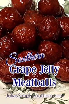 a plate full of grape jelly meatballs with the title southern grape jelly meatballs