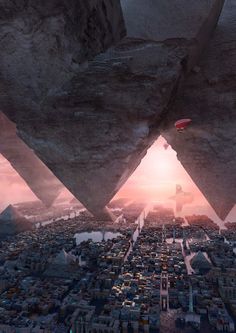 an image of a sci - fi city in the sky with mountains and buildings around it