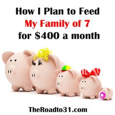 three piggy banks with the words how i plan to feed my family of 7 for $ 40 a month