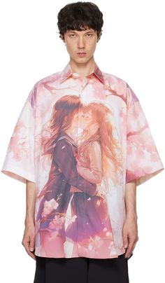 Graphic Print Shirt With Spread Collar For Spring, Spring Shirt With All Over Print And Spread Collar, Graphic Print Spread Collar Top For Spring, Spring Graphic Print Top With Spread Collar, Spring Tops With All Over Print And Spread Collar, Pink Anime, Shirt Graphics, Cotton Poplin Shirt, Poplin Shirt