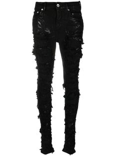 black cotton blend denim distressed effect ripped detailing belt loops high-waisted skinny cut front button fastening classic five pockets Jeans With Straps, Tac Nayn, Emo Jeans, Barbie Closet, Black Ripped Jeans, Rick Owens Drkshdw, Destroyed Denim, Fancy Dinner, Denim Trousers