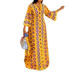 Package included: 1 Dress Material:95%Polyester + 5%Spandex Color: Yellow,Green,Orange Sleeve:Three Quarter Sleeve Pocket:No Size: M,L,XL,2XL,3XL,4XL,5XL Pattern:Printing Length: Full-Length Features:Pleating,V-Necked,A-Line,Pagoda Sleeve Style: Leisure,Girlish,All-Match,Casual Season: Spring,Autumn Occasion: Party,Holiday,Streetwear,Family,Appointment,Travel,Wedding Attention 1.Please check the detail sizes on the size chart image before you buy it! 2.Size may be 2cm/1 inch inaccuracy due to ha Festive V-neck Printed Dresses, Festive V-neck Maxi Dress With Floral Print, Fitted V-neck Bohemian Kaftan, Bohemian Non-stretch Long Maxi Dress, Yellow Non-stretch Long Sleeve Dress, Yellow Maxi Dress For Vacation, Festive Printed Dress For Vacation, Fitted Floor-length Kaftan For The Beach, Festive Printed Vacation Dresses