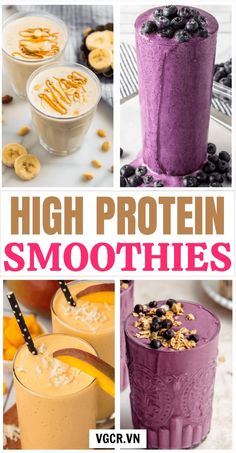 high protein smoothies collage with text overlay