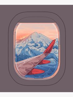 an airplane window with mountains in the background