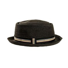 Detroit | Mens Fedora Straw Pork Pie Hat offers sleek, modern style for sunny days. Its paperbraid build and striped ribbon with buckle add sharp sophistication. Material: 100% Paperbraid Shape: Porkpie Trim: Striped Ribbon Band with Crosspiece Brim Size: 1 1/2” Crown Height: 4” Sweatband: Sewn-in Twill Fabric Imported Classic Navy Hat With Flat Brim, Classic Navy Wide Brim Hat, Classic Navy Flat Brim Hat, Black Brimmed Toquilla Straw Hat, Classic Black Straw Hat With Curved Brim, Classic Black Hat Bands For Beach, Black Toquilla Straw Hat With Curved Brim, Classic Black Hat Band For Beach, Classic Navy Hat With Short Brim