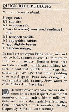 an old recipe for rice pudding with instructions