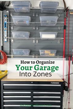 An organized workbench and shelves in a garage! Garage Storage Zones, How To Organize Garage Shelves, Garage Storage Categories, Garage Zones Ideas, Garage Organization For Tools, How To Organize Your Garage On A Budget, Garage Organization Zones, Garage Zone Organization, Garage Organization Categories