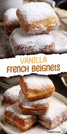 vanilla french doughnuts stacked on top of each other with powdered sugar over them