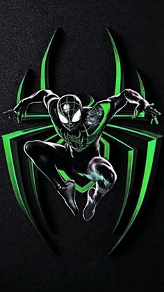 a green and black spiderman logo on a black background