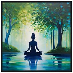 a painting of a person meditating in the middle of a forest with trees and water