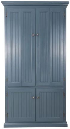 a blue armoire with three doors and two drawers