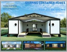 an advertisement for shipping container homes with pictures of the front and back sides, including steps leading up to the second floor