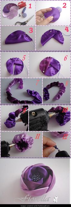 instructions to make an easy flower headband with satin ribbon and hair clippings