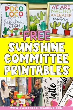 the free sunshine committee printables are displayed in front of a store window with cactus signs