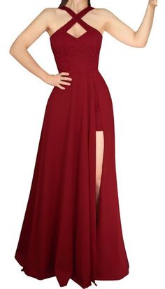 Vestido De Festa Longo Godê Com Fenda Cruzado 249 Red Formal Dress, Formal Dresses, Red