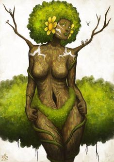 a painting of a woman with green hair and flowers on her head standing in front of trees