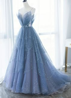 Blue Tulle Gorgeous V Neck Long Prom Dress Outfits For Girls Light Blue A-line Prom Evening Dress, Blue A-line Tulle Evening Dress, Blue Tulle Dress For Prom Season, Blue Tulle Dress For Banquet, Fitted Blue Ball Gown With Tulle Skirt, Blue A-line Tulle Dress, Royal Blue Sleeveless Tulle Dress, Blue A-line Dress For Prom, Blue Sleeveless Ball Gown For Banquet