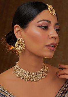 Kundan Chandbali Necklace Set Zevar by Geeta - Fabilicious Fashion Pearl Indian Necklace, Chandbali Necklace, Kundan Chandbali, Indian Theme, Diamond Pendent, Fabric Pouch, Perfume Store, Chandbali Earrings, Indian Wedding Wear