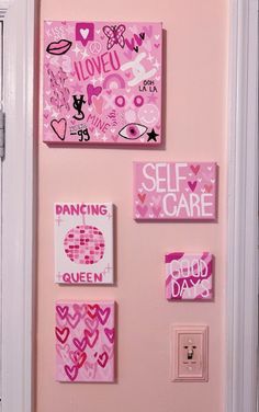 a pink wall with pictures and magnets attached to it's side door that says, i love you self care