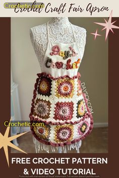 a crocheted apron with flowers and fringes on it, is featured in this video