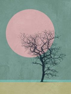 a tree with no leaves in front of a pink moon