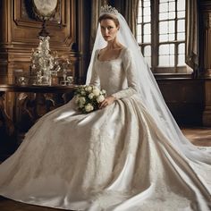 a woman in a wedding dress sitting on a table