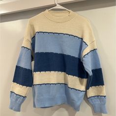 Cute Blue And White Sweater Goes With A Pair Of Jeans Or A Nice Pair Of Leggings! Blue And White Clothes Aesthetic, Blue And White Sweater, Blue Clothes, Lime Green Shorts, Seersucker Pants, Blue Checkered, Open Cardigan Sweater, Knit Turtleneck Sweater, Light Blue Sweater