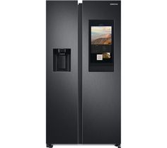 the side by side refrigerator is shown with its door open and it's water dispenser